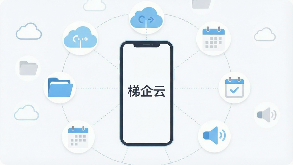一张展示云端资源整合概念的图片,画面中央为一部智能手机,手机屏幕向外辐射出多条虚线连接着云朵、文件夹、日历、喇叭等图标,布局为手机居中、图标呈环形分布,风格为简洁扁平化设计,色调以浅蓝、白色和浅灰为主,细节包括图标线条圆润、连接线细腻,画质清晰,干净无多余元素,屏幕中显示文字“梯企云”