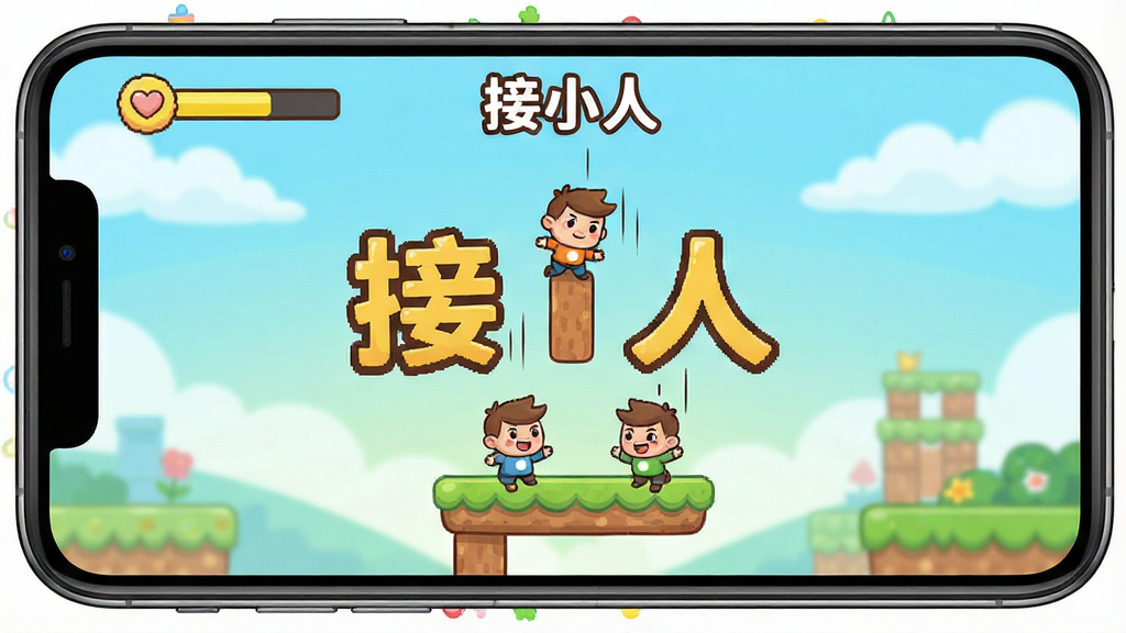 手机屏幕显示接小人游戏运行中,画面流畅,底部平台正在接住下落的小人,背景有分数显示,整体画面干净明亮,风格卡通休闲,画质清晰,画面中有