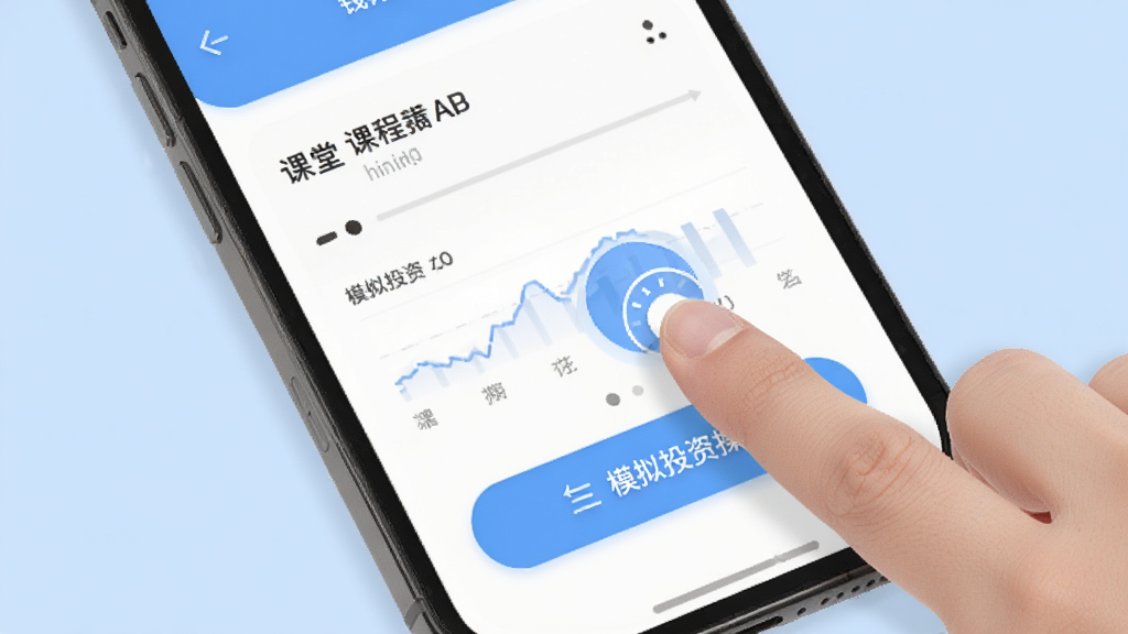 钱堂APP移动端操作界面,手机屏幕展示课程播放页面与模拟投资操作按钮,画面中有手指点击图标,背景为浅蓝色,风格清爽,细节清晰,画质干净无多余元素