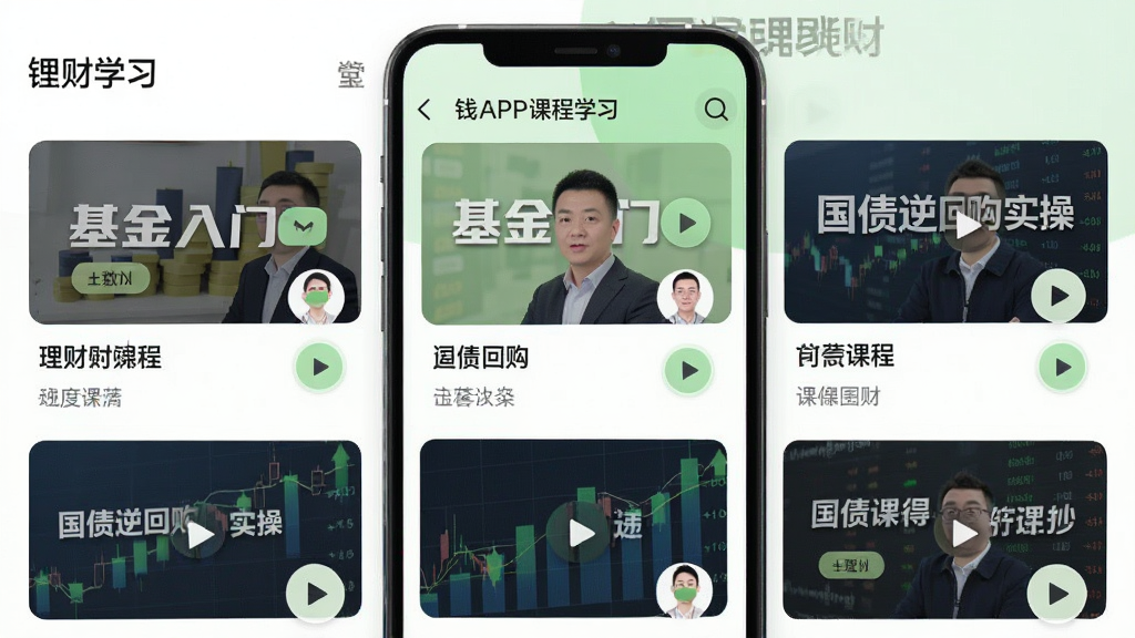 钱堂APP课程学习页面,手机界面展示多个理财视频课程封面,标题包含“基金入门”“国债逆回购实操”等,画面中有讲师头像与播放按钮,背景为白色与浅绿色搭配,风格清新明快,细节清晰,画质干净