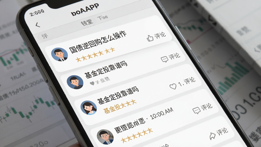 钱堂APP社区互动界面,手机屏幕显示用户发帖与问答列表,包含“国债逆回购怎么操作”“基金定投靠谱吗”等标题,画面中有用户头像、点赞与评论图标,背景为浅灰色,风格简约商务,排版整齐,画质清晰
