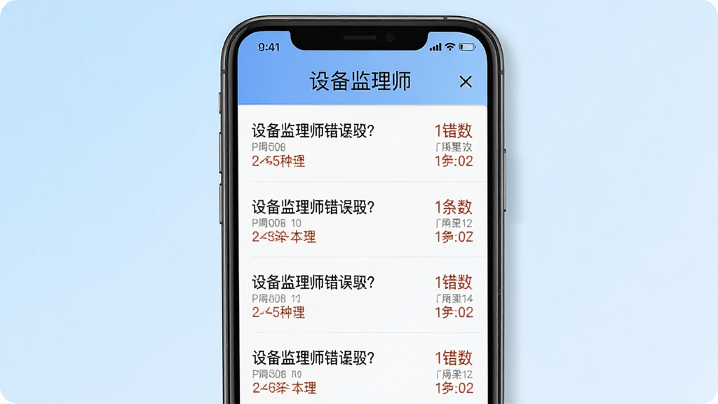 一张设备监理师错题本界面的AI生图,手机屏幕显示错题列表,每道题旁标注错误次数和所属科目,屏幕上方有“设备监理师”名称,背景为浅蓝色渐变,风格简约,画质干净,无多余元素。
