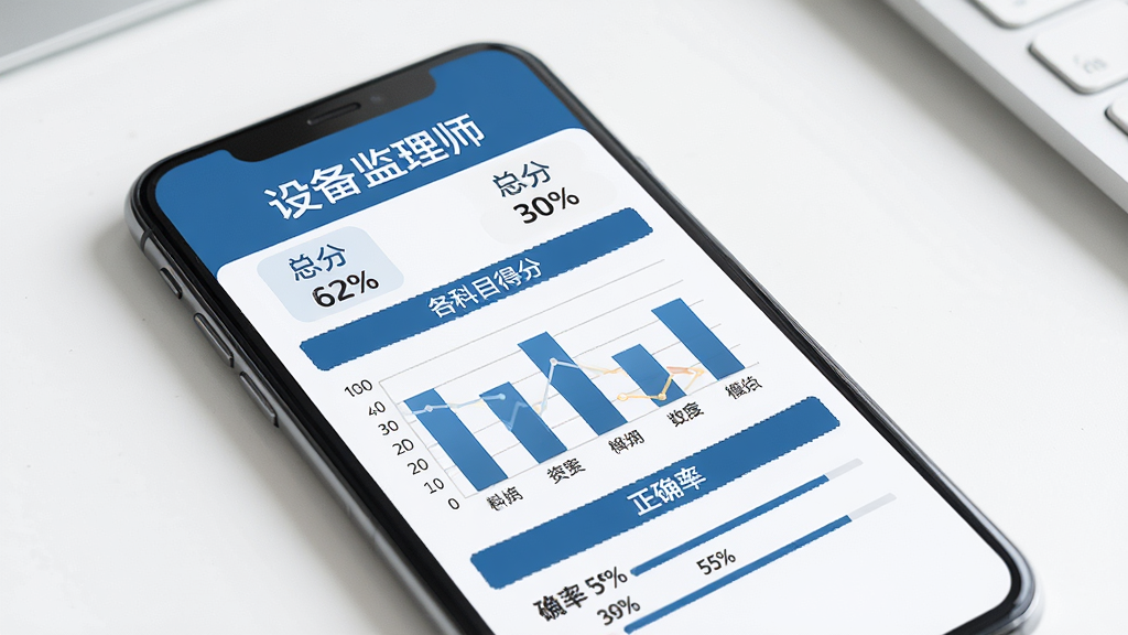 一张设备监理师模拟考试成绩报告页面的AI生图,手机屏幕上显示成绩单界面,包含总分、各科目得分柱状图、正确率百分比等数据,屏幕顶部有“设备监理师”文字标识,背景为简洁的白色桌面,光线明亮,风格清爽,画质清晰,无多余元素。