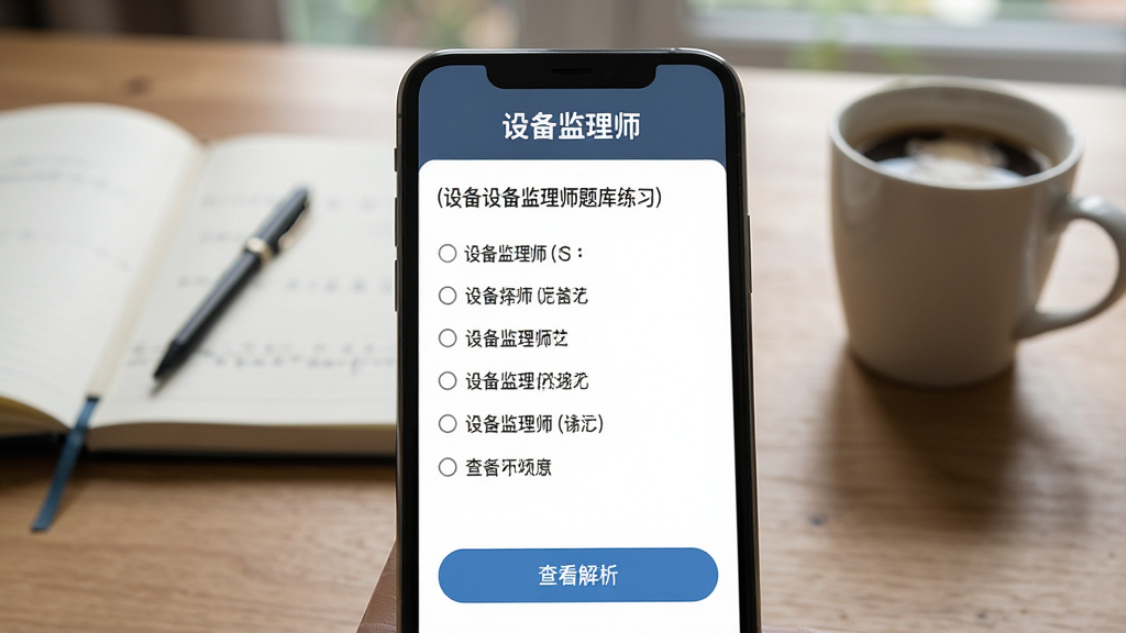 一张展示设备监理师题库练习界面的AI生图,画面主体为手机屏幕特写,屏幕上显示一道设备监理师考试选择题及四个选项,下方有“查看解析”按钮,屏幕上方标注“设备监理师”字样,背景为书房桌面,旁边放着笔记本和咖啡杯,风格写实,画质干净,无多余元素。