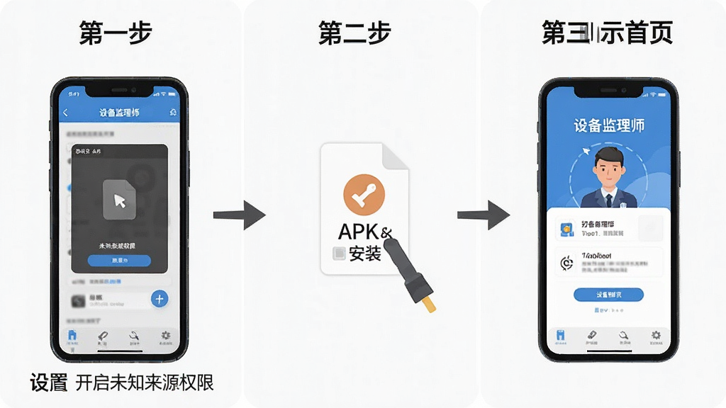 一张设备监理师新手安装步骤示意图的AI生图,画面分为三个步骤展示,第一步手机设置中开启未知来源权限,第二步点击APK文件安装,第三步打开应用进入首页,每步配有简单图标和“设备监理师”文字标注,风格扁平化,画质清晰,背景干净,无多余元素。