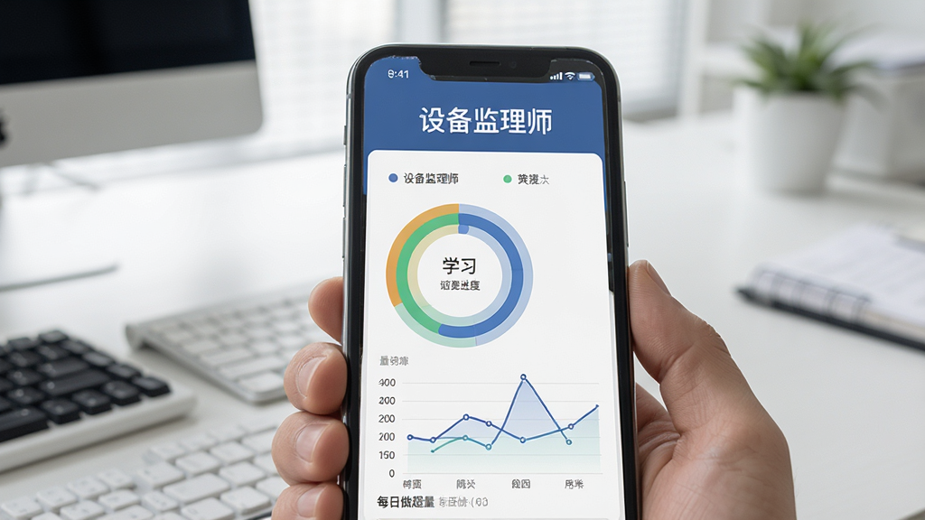 一张设备监理师学习数据统计页面的AI生图,手机屏幕上显示学习进度环形图和每日做题量折线图,界面中包含“设备监理师”字样,背景为干净的办公桌面,风格商务简洁,画质清晰,无多余元素。