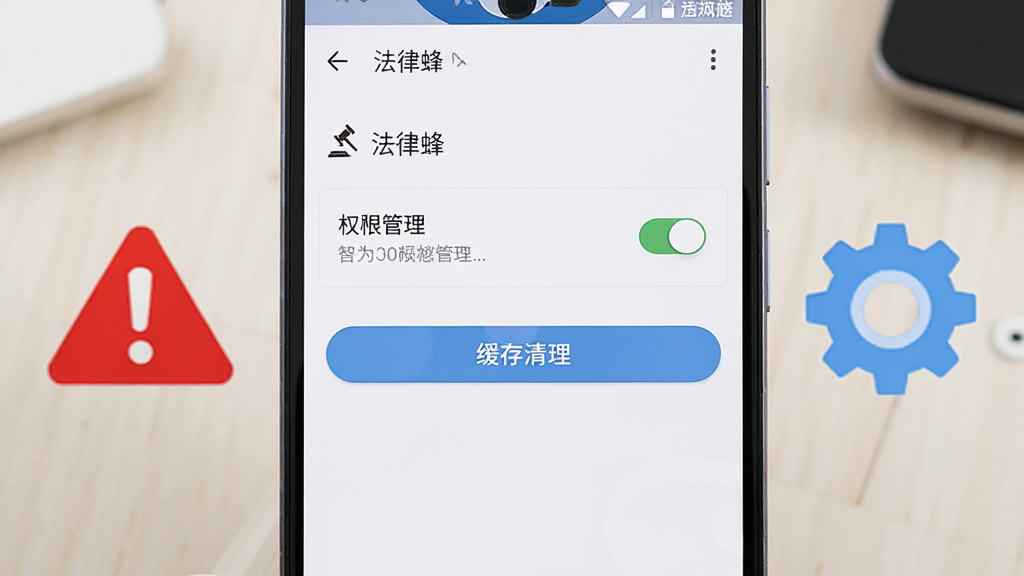 画面展示一部安卓手机屏幕特写,屏幕上显示“法律蜂”应用设置页面,页面中有权限管理开关和缓存清理按钮,手机旁边放置一个红色警示三角图标和一个蓝色齿轮图标,背景为浅色桌面,风格简洁明快,布局上下结构,细节清晰,画质高清,干净无多余元素