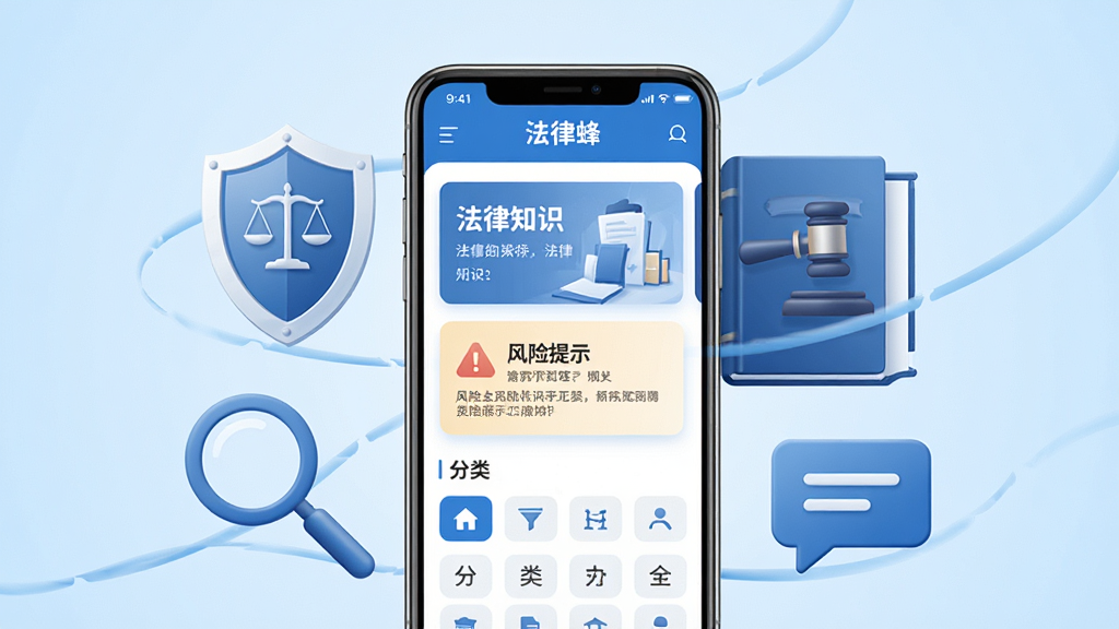 整体画面以蓝白色调为主,画面中央放置一部智能手机,手机屏幕显示“法律蜂”应用首页界面,界面中包含法律知识卡片、风险提示图标与分类导航栏,手机周围环绕着盾牌、法典、放大镜、对话气泡等法律相关元素,背景为干净的浅蓝色渐变,布局居中对称,风格简洁商务,细节清晰,画质高清,干净无多余元素