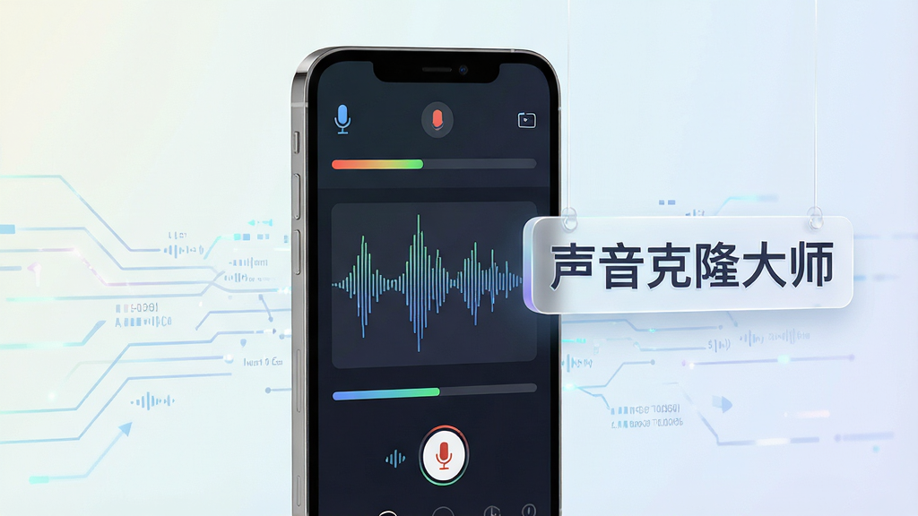 声音克隆大师智能声音复刻功能展示,画面中央是一部智能手机,屏幕上显示录音进度条与声波可视化图形,旁边悬浮着“声音克隆大师”文字标识,背景为浅色科技渐变,风格简洁明快,细节包含麦克风图标与数据流线条,画质清晰,干净无杂乱元素