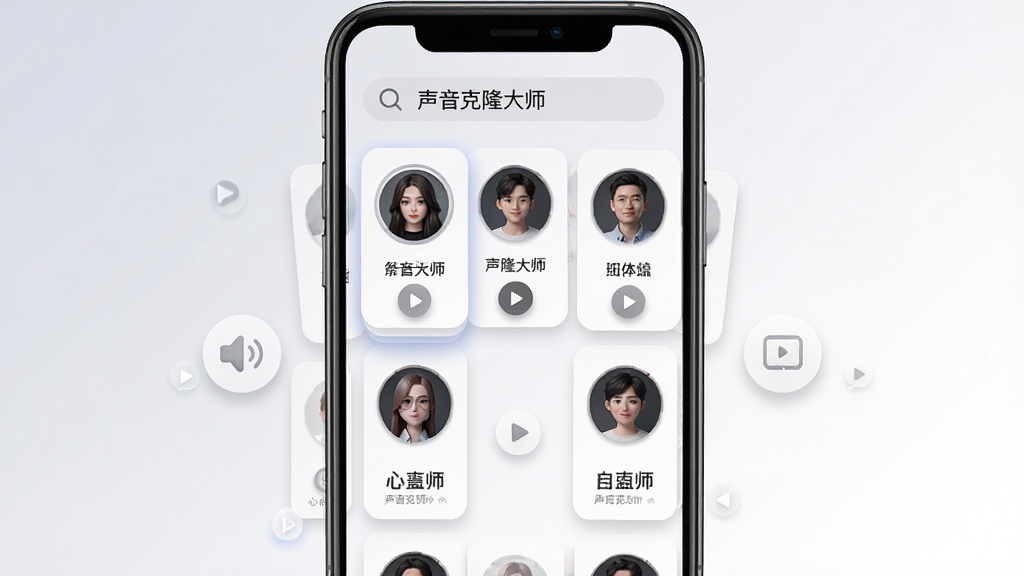 声音克隆大师音色库管理界面,画面展示手机屏幕内排列着多个圆形头像声音模型卡片,每张卡片下方有名称标签与播放按钮,顶部有搜索栏和“声音克隆大师”标题,背景为柔和浅灰至白色渐变,风格清新简约,细节包含卡片阴影与图标点缀,画质高清,无多余元素