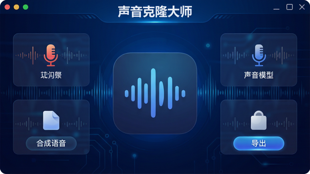 声音克隆大师软件主界面展示,中心位置是带有声波图标的应用程序图标,四周环绕着录音、声音模型、合成语音、导出文件等功能卡片,背景为深蓝色渐变科技风格,顶部显示软件名称“声音克隆大师”,整体布局简洁清晰,风格现代科技感,细节包含声波纹理与发光按钮,画质高清,画面干净,无多余元素