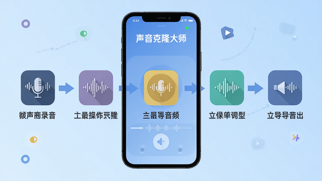 声音克隆大师新手操作流程图,画面以手机屏幕为中心,展示从录音到导出音频的五个步骤图标,每个步骤配有简短文字说明,背景为浅蓝色渐变,风格扁平化信息图,细节包含箭头连接与“声音克隆大师”标识,画质清晰,干净整洁