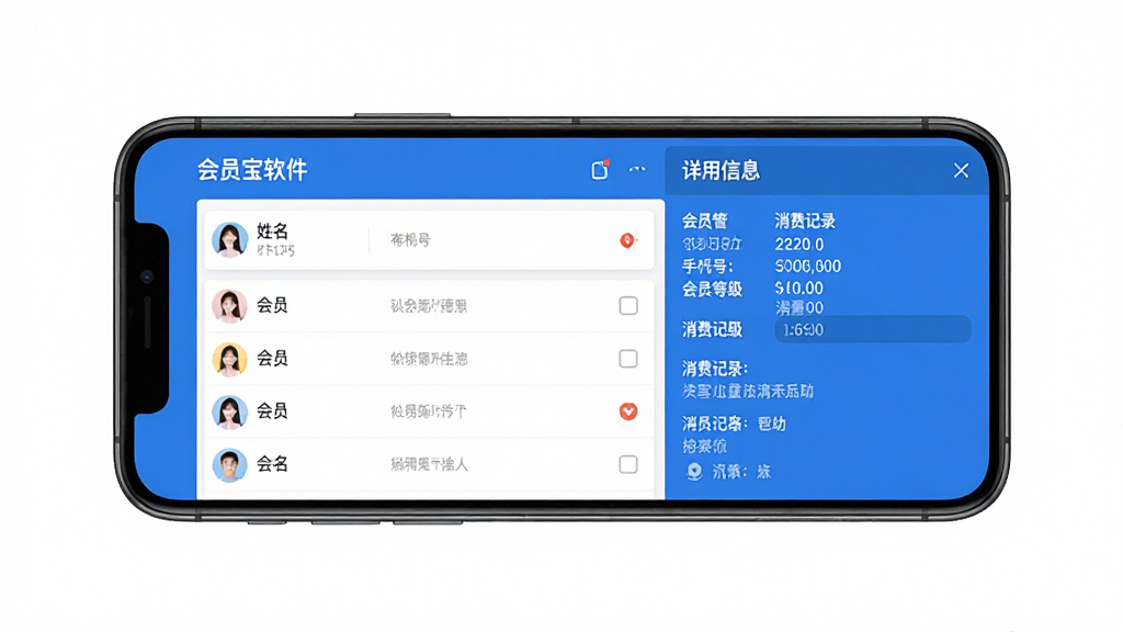 一张展示会员宝软件会员信息管理界面的图片,画面中央为手机屏幕,屏幕上清晰展示会员列表与详细信息面板,包含姓名、手机号、会员等级和消费记录等字段,界面采用蓝色主题色,背景为纯白色,画面风格为简洁UI展示,画质高清,无多余元素
