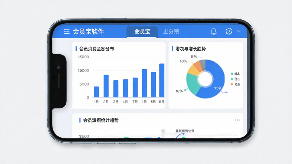 一张展示会员宝软件数据统计报表界面的图片,画面中央为手机屏幕,屏幕上显示柱状图与饼状图,展示会员消费金额分布与增长趋势,界面采用蓝色与白色配色,背景干净简洁,画面风格为数据可视化UI展示,画质高清,无多余元素