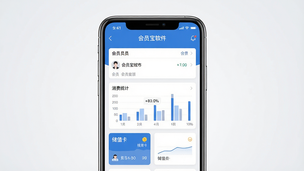 一张展示会员宝软件核心功能的整体界面预览图,画面中央放置一部智能手机,手机屏幕上显示会员宝应用的主界面,包含会员列表、消费统计图表和储值卡管理模块,界面设计简洁现代,采用蓝色与白色为主色调,背景为干净的浅灰色渐变,画面风格为扁平化UI展示风格,细节清晰,画质高清,无多余元素干扰