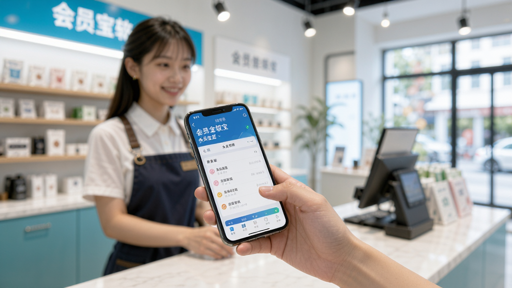 一张展示会员宝软件在实体门店中使用场景的图片,画面中一位店员手持手机操作会员宝应用,背景为整洁的店铺环境,手机屏幕上显示会员管理界面,画面风格为真实场景摄影风格,光线明亮,画质清晰,无多余元素