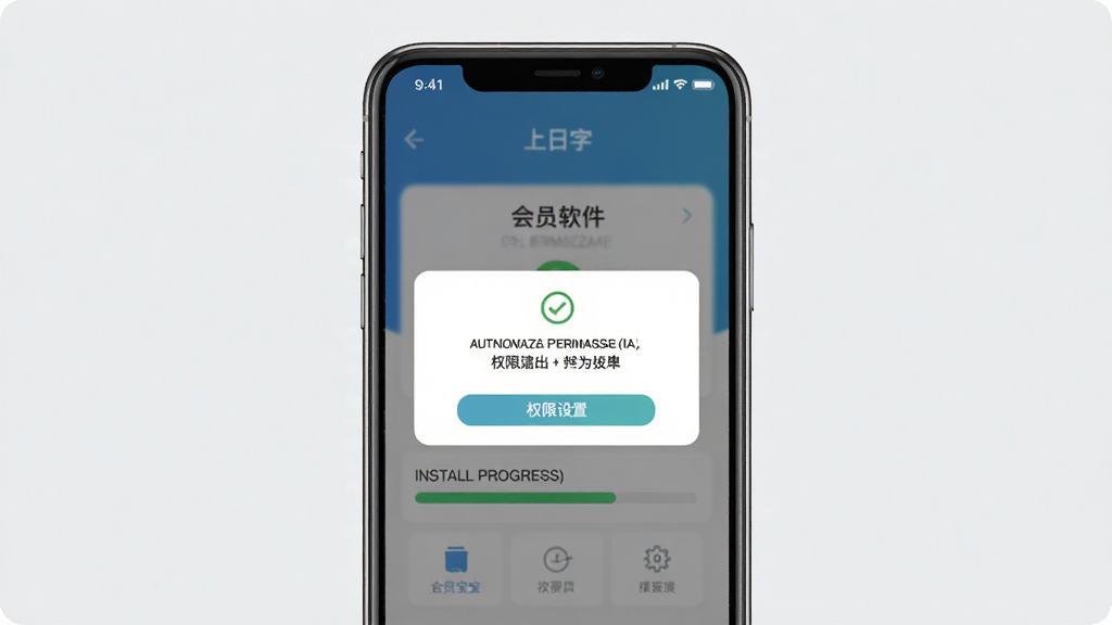 一张展示会员宝软件在手机上安装与权限设置步骤的示意图,画面中央为手机屏幕,屏幕上显示权限授权弹窗与安装进度条,背景为浅灰色,画面风格为操作指引类UI展示,画质清晰,无多余元素