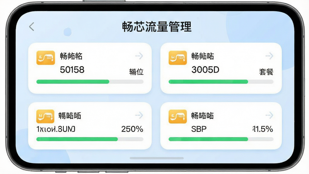 畅芯流量管理双卡流量统计设置界面,画面中一部手机屏幕内显示两张SIM卡的信息卡片,每张卡片上有独立的流量进度条与套餐数值,顶部标注“畅芯流量管理”,布局为上下并排,排版对称,风格为清新浅色系,细节包含淡蓝色背景、圆角卡片、绿色进度条,画质高清,画面干净,无多余元素