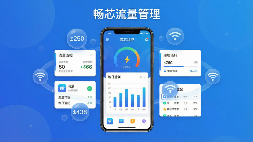 畅芯流量管理软件主界面全貌展示,画面中央放置一部智能手机,屏幕内显示流量监控仪表盘与每日消耗柱状图,顶部标注“畅芯流量管理”文字,周围环绕流量数字气泡与WiFi信号图标,布局采用居中构图,排版清晰有序,风格为现代科技扁平化设计,细节包含蓝色渐变背景、白色卡片式数据面板、应用图标列表,画质高清,画面干净,无多余元素