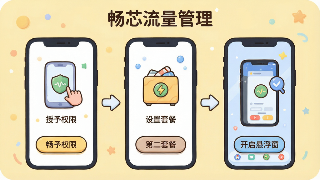 畅芯流量管理新手设置引导流程示意图,画面展示手机屏幕从左到右三个步骤,第一步授予权限,第二步设置套餐,第三步开启悬浮窗,每步配有图标与简短文字说明,顶部有“畅芯流量管理”标题,布局为横向排列的流程式构图,风格为柔和圆角卡通插画风,细节包含淡黄色背景、圆润按钮、方向箭头,画质清晰,画面干净,无多余元素