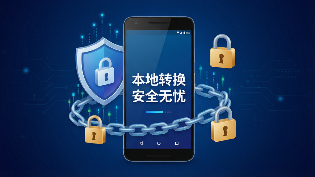 一张表现“pdf全能免费转换”本地安全处理概念的插画,画面中央是一部安卓手机,手机周围环绕着盾牌、锁头和数据流锁链的图标,手机屏幕显示“本地转换 安全无忧”字样,背景为深蓝色科技感渐变,风格简洁现代,画质高清,无杂乱元素,突出安全与隐私保护主题。