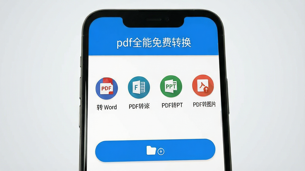 一张展示安卓手机屏幕的正面特写图,屏幕中央是“pdf全能免费转换”应用的主界面,界面以蓝白配色为主,顶部显示应用名称“pdf全能免费转换”,中部排列着PDF转Word、PDF转Excel、PDF转PPT、PDF转图片等圆形功能图标,底部有文件选择按钮。背景为简洁的浅灰色渐变,整体风格干净清爽,画质清晰明亮,无多余元素干扰。