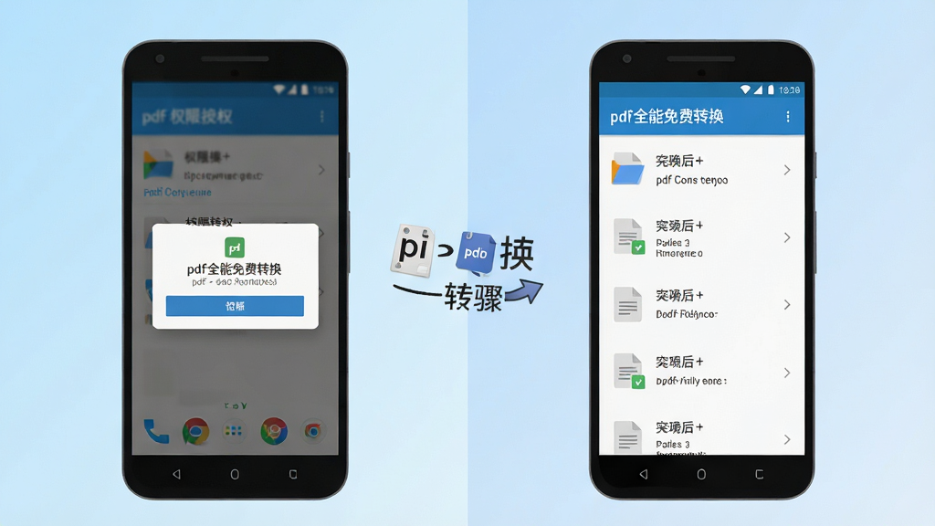 一张展示安卓手机操作“pdf全能免费转换”的步骤示意图,画面分为左右两部分:左侧为手机屏幕显示权限授权弹窗,右侧为手机屏幕显示转换完成后的文件列表。背景为浅蓝色渐变,风格扁平化,画质清晰,无多余文字干扰,突出操作指引主题。