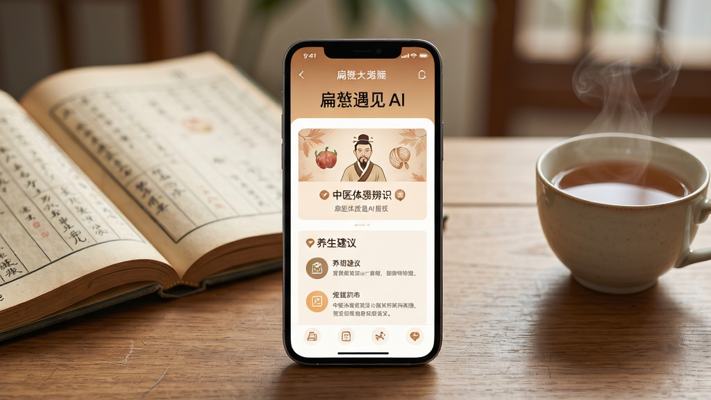 一张展示扁鹊遇见AI软件界面的图片,画面主体是一部智能手机,手机屏幕上显示着扁鹊遇见AI的首页界面,界面中有中医体质辨识卡片和养生建议模块,手机放在木质桌面上,旁边放着一本打开的中医古籍和一杯热茶,布局采用居中构图,手机位于画面正中央,排版简洁干净,风格为温暖的中医养生色调,细节包括屏幕上的图标和文字清晰可见,背景虚化处理,画质高清,干净,无多余元素