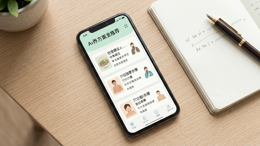 一张展示扁鹊遇见AI养生方案推荐页面的图片,画面主体是手机屏幕,屏幕上显示养生方案列表,包括饮食建议和穴位按摩步骤,手机平放在桌面上,旁边有一本笔记本和一支笔,布局为俯视角度,风格为清新自然的健康生活风格,细节包括屏幕上的文字和图标清晰,背景为浅木色桌面,画质高清,干净,无多余元素