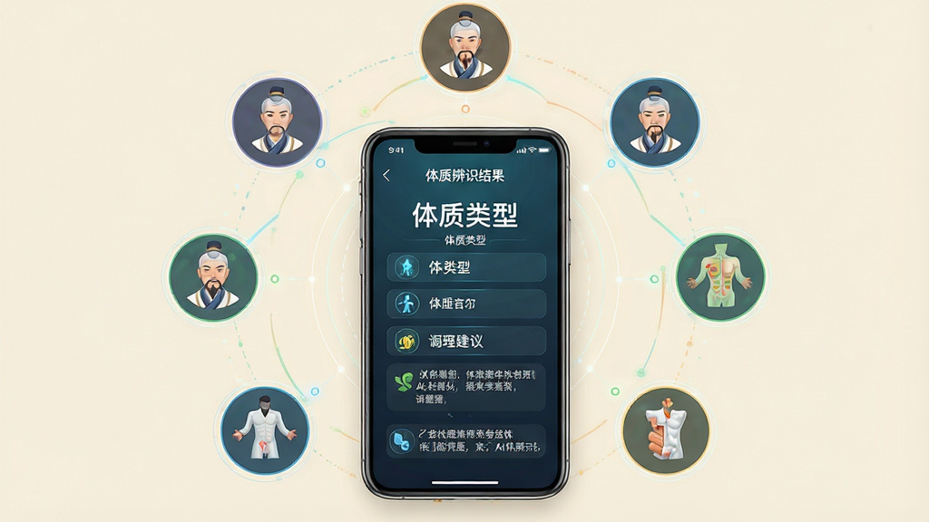 一张展示扁鹊遇见AI体质辨识功能的图片,画面主体是手机屏幕特写,屏幕上显示体质辨识结果页面,有体质类型名称和调理建议文字,手机周围环绕着九种体质的小图标,布局采用中心放射状构图,手机位于画面中心,风格为科技与中医结合的现代感,细节包括屏幕上的文字和图标清晰,背景为淡雅的米白色,画质高清,干净,无多余元素