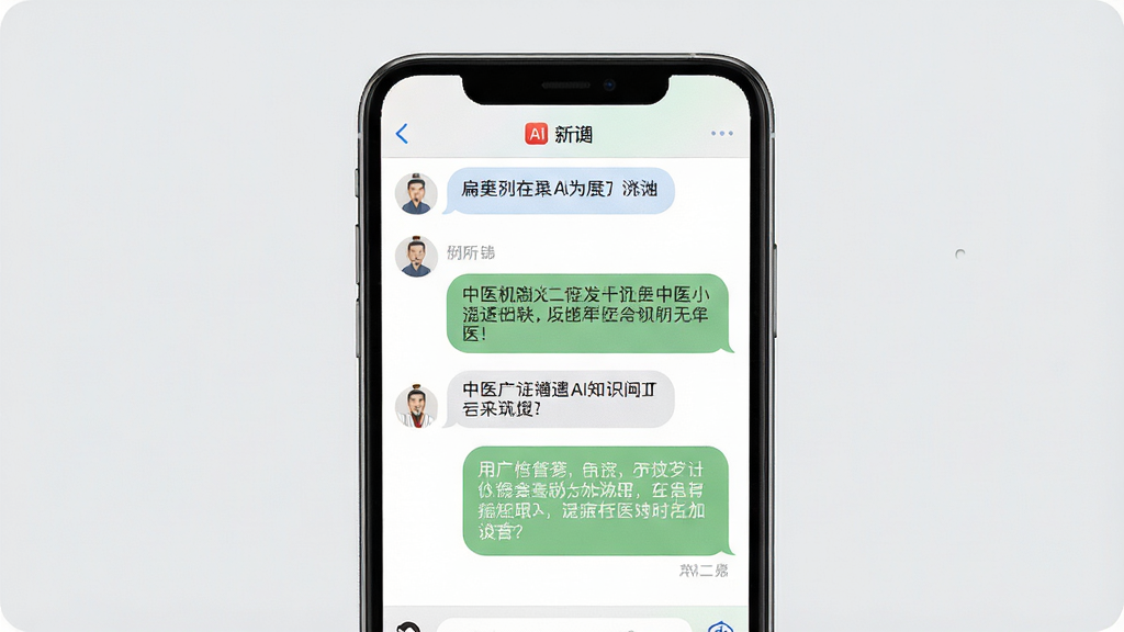 一张展示扁鹊遇见AI知识问答界面的图片,画面主体是手机屏幕,屏幕上显示用户输入问题和AI回答的对话界面,对话气泡中有中医术语和解释文字,手机竖立在画面中央,布局为上下结构,风格为简洁清爽的聊天界面风格,细节包括对话气泡的圆角和文字排版清晰,背景为浅灰色,画质高清,干净,无多余元素