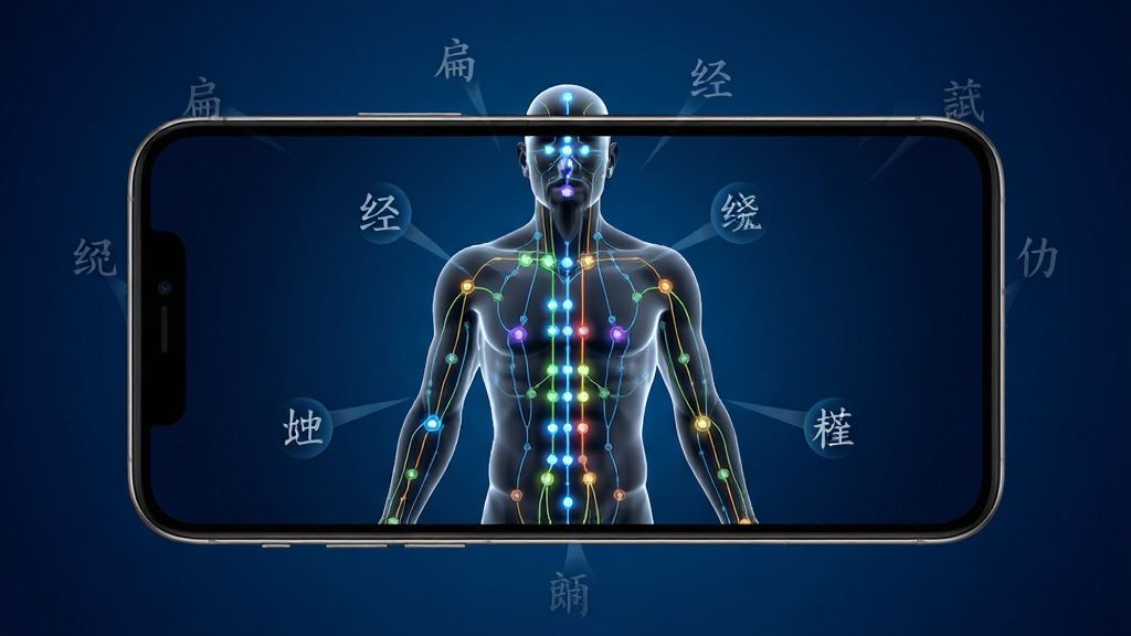 一张展示扁鹊遇见AI经络穴位图解功能的图片,画面主体是手机屏幕,屏幕上显示人体经络模型和穴位标注点,手机横屏显示,周围有淡淡的穴位名称文字漂浮,布局为居中构图,风格为科技感与中医传统结合,细节包括经络线条和穴位点清晰,背景为深蓝色渐变,画质高清,干净,无多余元素