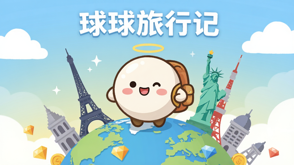 画面中央是一个圆润可爱的卡通球球角色,背着小巧的旅行背包,站在一个充满世界地标元素的圆形地球仪上,周围环绕着巴黎铁塔、自由女神像、东京塔等微缩建筑剪影,背景是柔和的渐变蓝天与白云,整体布局采用居中对称构图,风格为清新治愈的扁平插画风,细节上球球表情开心,头顶有小光环,地面上散落着金币与钻石图标,画质高清,色彩明亮干净,无多余杂乱元素,图片上方带有“球球旅行记”文字标题