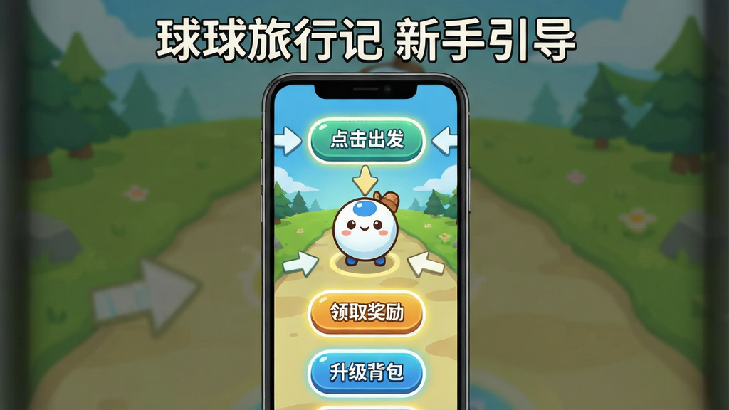 一张球球旅行记新手操作指引图,画面中央是一个手机界面截图风格的插画,界面上显示球球角色站在起点,周围有箭头指向“点击出发”“领取奖励”“升级背包”等按钮,布局为手机竖屏排版,风格为简洁明快的UI指示图,细节上按钮带有高亮光圈,画质清晰,顶部写有“球球旅行记 新手引导”