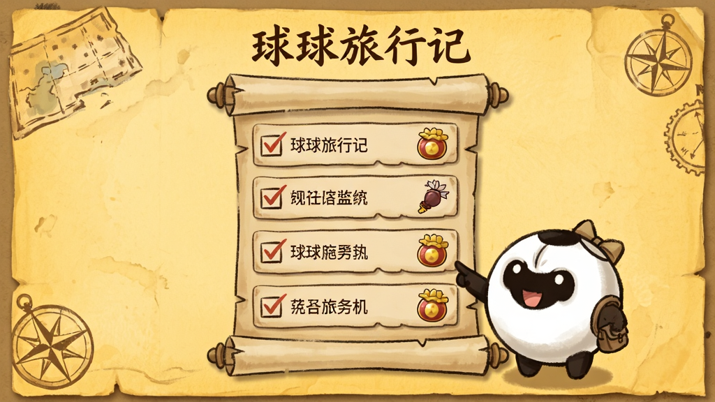 一张球球旅行记的任务列表示意图,画面中央是一个卷轴样式的任务面板,上面列有多个城市任务条目,球球角色站在旁边指着任务列表,布局为居中竖版排版,风格为复古旅行手账风,细节上任务条目带有勾选框和奖励图标,画质清晰,背景为暖黄色纸张纹理,顶部写有“球球旅行记”
