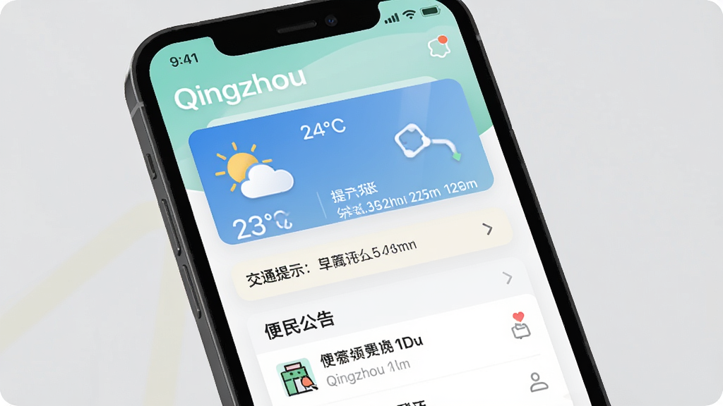 一张展示Qingzhou本地生活信息聚合功能的界面图,手机屏幕中显示天气卡片、交通提示和便民公告列表,顶部有“Qingzhou”标识,布局整齐,配色清爽,风格现代简约,画质干净,无多余元素