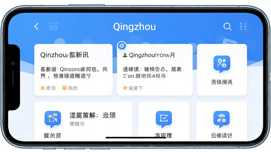 一张展示Qingzhou应用主界面的手机屏幕截图,画面中央是软件首页布局,顶部显示“Qingzhou”文字标识,主体区域排列着资讯卡片和功能图标,整体采用蓝白清新配色,风格简洁现代,细节清晰可见,画质干净,无多余元素