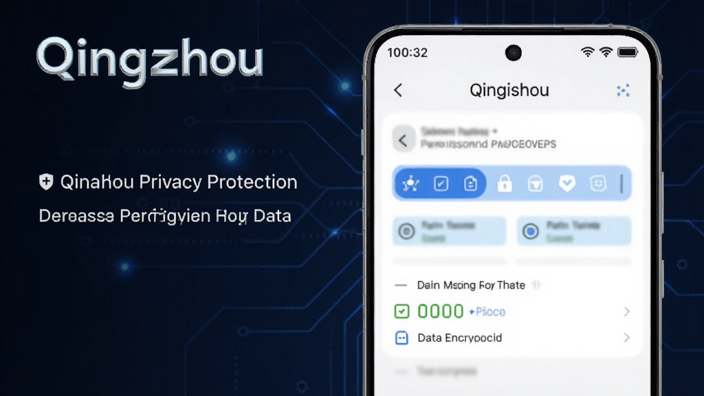 一张展示Qingzhou隐私保护功能的示意图,手机屏幕中显示权限管理界面和数据加密图标,顶部有“Qingzhou”标识,背景为深蓝色科技风格,细节清晰,画质干净,无多余元素