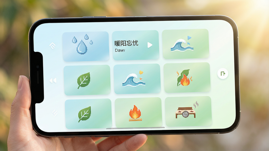 暖阳忘忧自然声音场景选择界面,主体为手机屏幕,布局为网格状音频卡片,排版两列三行,风格静谧自然,细节包括雨滴、海浪、树叶、火焰等小图标,卡片背景为浅蓝与淡绿渐变,画质高清,干净,无多余元素,屏幕中文字为“暖阳忘忧”