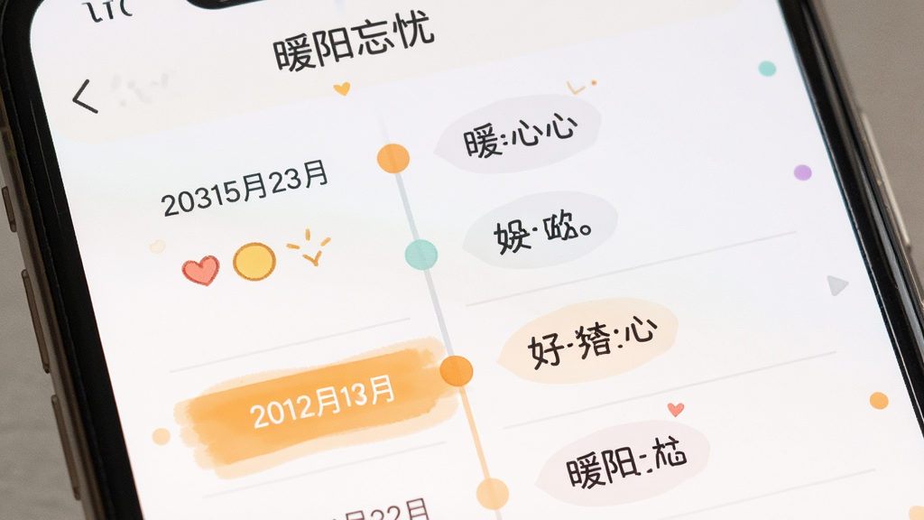 暖阳忘忧情绪记录功能界面,主体为手机屏幕特写,布局为纵向时间轴,排版左侧显示日期与心情图标,右侧显示简短文字标签,风格清新柔和,细节包括彩色小圆点、浅灰色分割线、暖橙色高亮当前日期,画质清晰,干净,无多余元素,屏幕中文字为“暖阳忘忧”