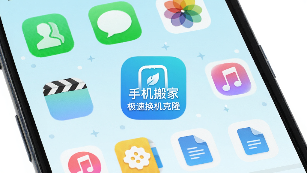 手机屏幕中展示多种数据类型图标排列,包括通讯录、短信、照片、视频、音乐、文档等,画面中央有