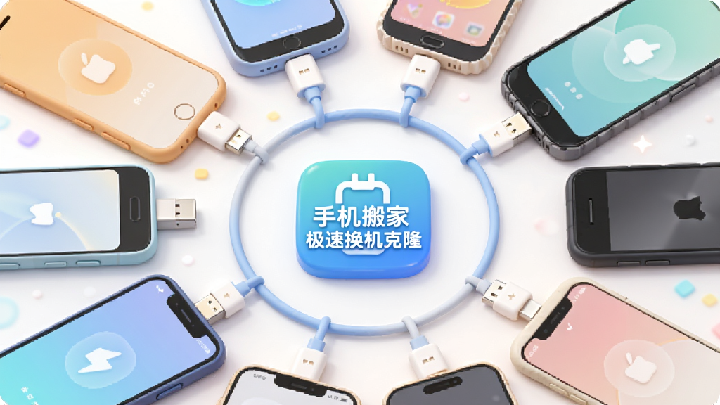 多部不同品牌手机围成一圈,中间有数据线连接成一个圆环,圆环中心显示