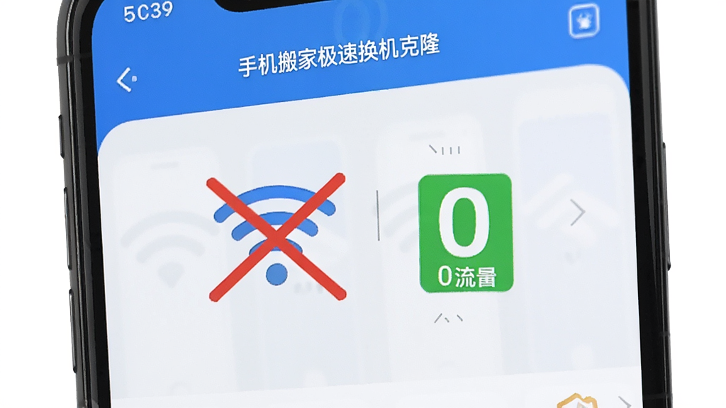 手机屏幕显示WiFi信号被划掉的图标旁边有一个绿色的零流量标识,背景是