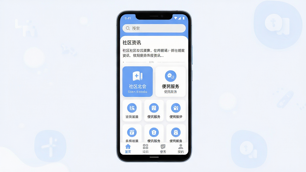 我爱北会手机应用界面展示,主体为一台竖屏安卓手机,屏幕中显示社区资讯列表与便民服务图标网格,布局居中对称,排版清晰分为顶部搜索栏、中部功能卡片、底部导航栏三个区域,风格为清爽现代的扁平化设计,细节包括柔和的蓝白配色、圆角图标、简洁的字体层级,画质高清,画面干净,无多余元素