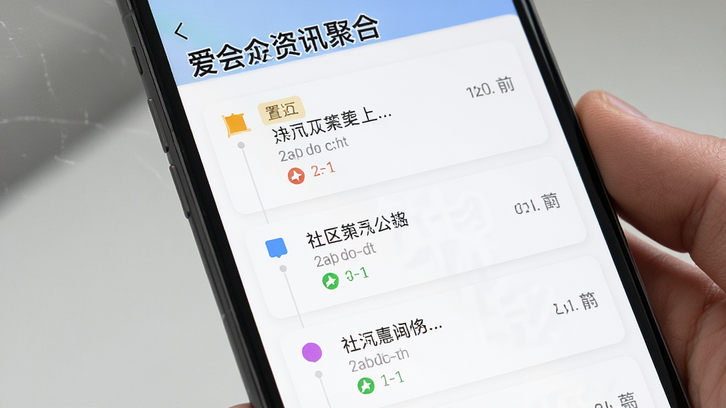 我爱北会资讯聚合页面特写,主体为手机屏幕中显示的时间线式社区公告列表,布局为上下滚动结构,排版采用卡片式分隔,风格简洁明快,细节包含置顶标签、时间戳、分类小图标,画质清晰,画面干净,无多余元素