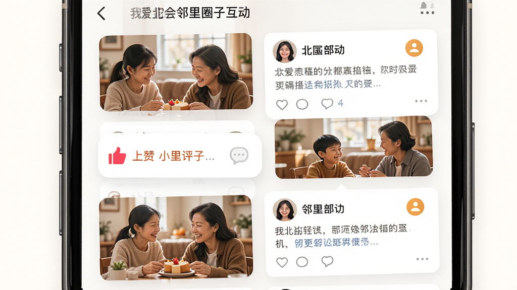 我爱北会邻里圈子互动界面,主体为手机屏幕显示社区动态信息流,布局为图文混排的卡片列表,排版左图右文交替呈现,风格温馨亲和的社交化设计,细节包括点赞按钮、评论气泡、用户头像圆形裁切,画质高清,画面干净,无多余元素