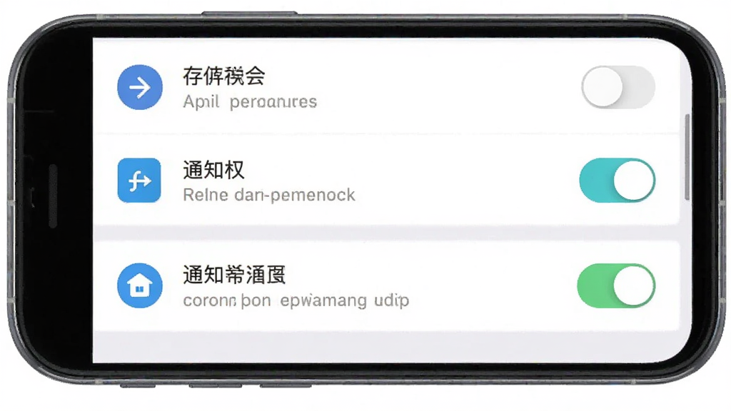 我爱北会安装权限设置操作示意图,主体为手机屏幕显示应用权限管理界面,布局为纵向列表排列,排版清晰标注存储与通知权限开关位置,风格为系统设置原生界面风格,细节包括权限图标、开关按钮、文字说明,画质清晰,画面干净,无多余元素
