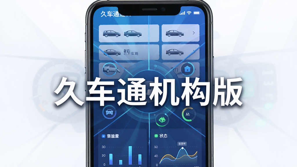 一张展示久车通机构版软件界面的预览图,主体为手机屏幕显示车辆管理仪表盘,布局采用中心辐射式结构,排版清晰展示车辆列表与状态图标,风格为现代商务科技风,细节包括蓝色渐变背景、车辆图标与数据图表,画质高清,干净无多余元素,图片中打文字“久车通机构版”