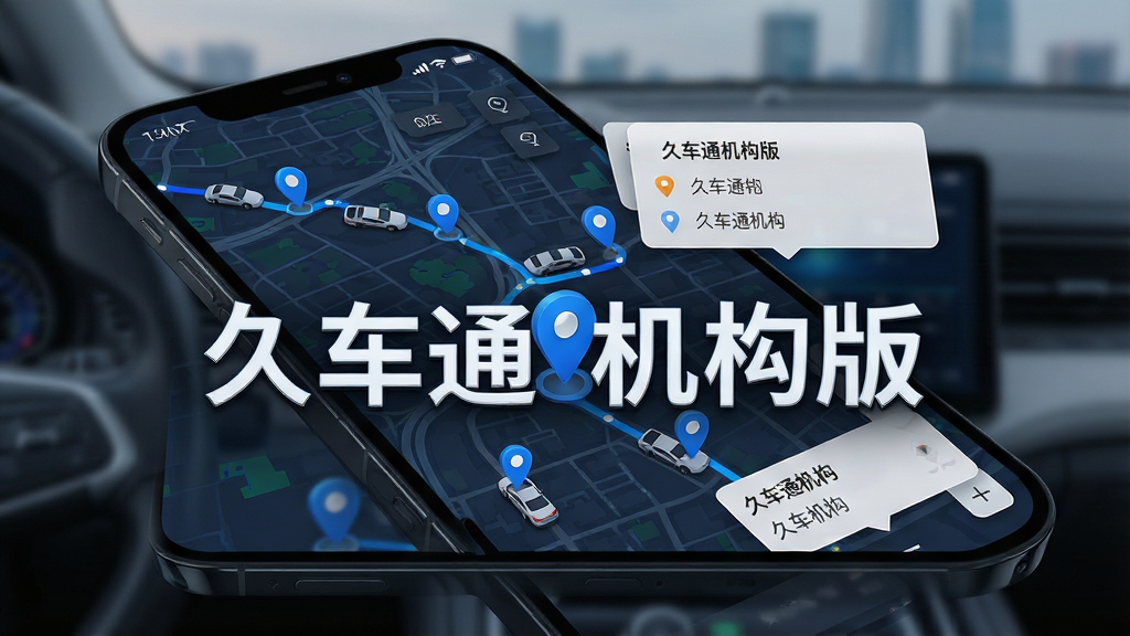一张AI生成的久车通机构版实时定位地图界面图,主体为手机屏幕显示城市地图与车辆位置标记,布局采用全屏地图叠加信息浮窗,风格为现代科技风,细节包括蓝色定位图标与行驶轨迹线条,画质高清,干净无多余元素,图片中打文字“久车通机构版”