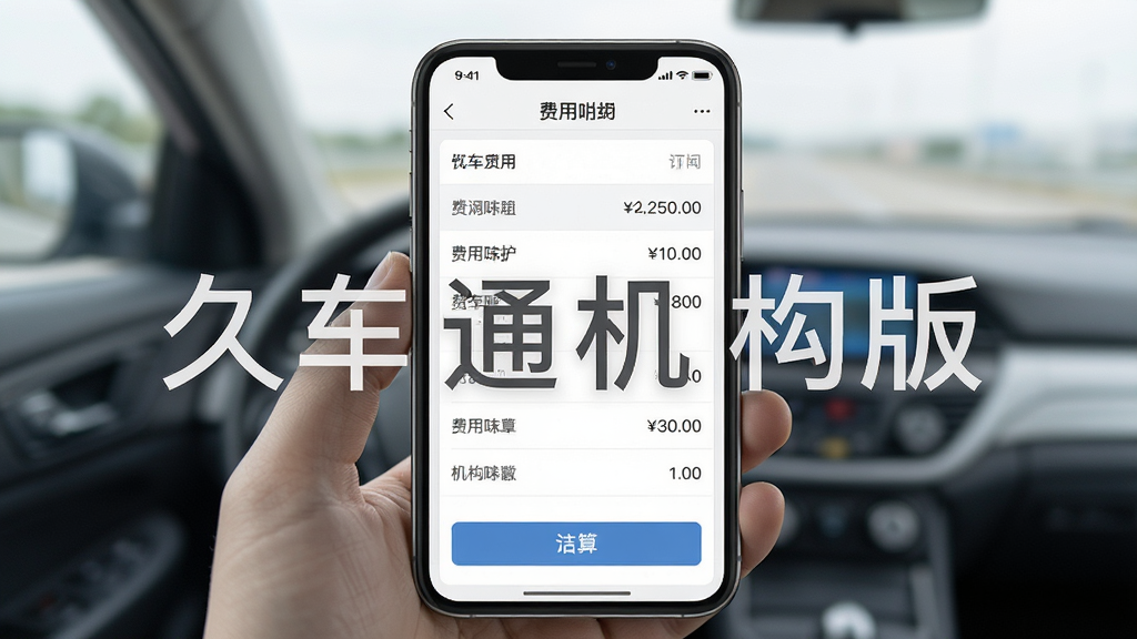 一张AI生成的久车通机构版费用结算界面图,主体为手机屏幕展示订单费用明细表格,布局采用上下分栏排版,风格为清爽素雅风,细节包括数字金额与结算按钮,画质高清,干净无多余元素,图片中打文字“久车通机构版”